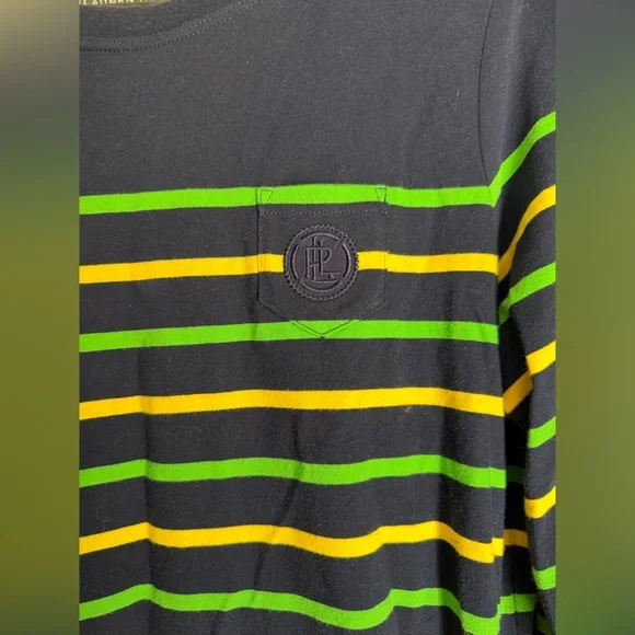 Ralph Lauren active M Navy Shirt with Green and Yellow Stripes casual travel - Picture 5 of 9